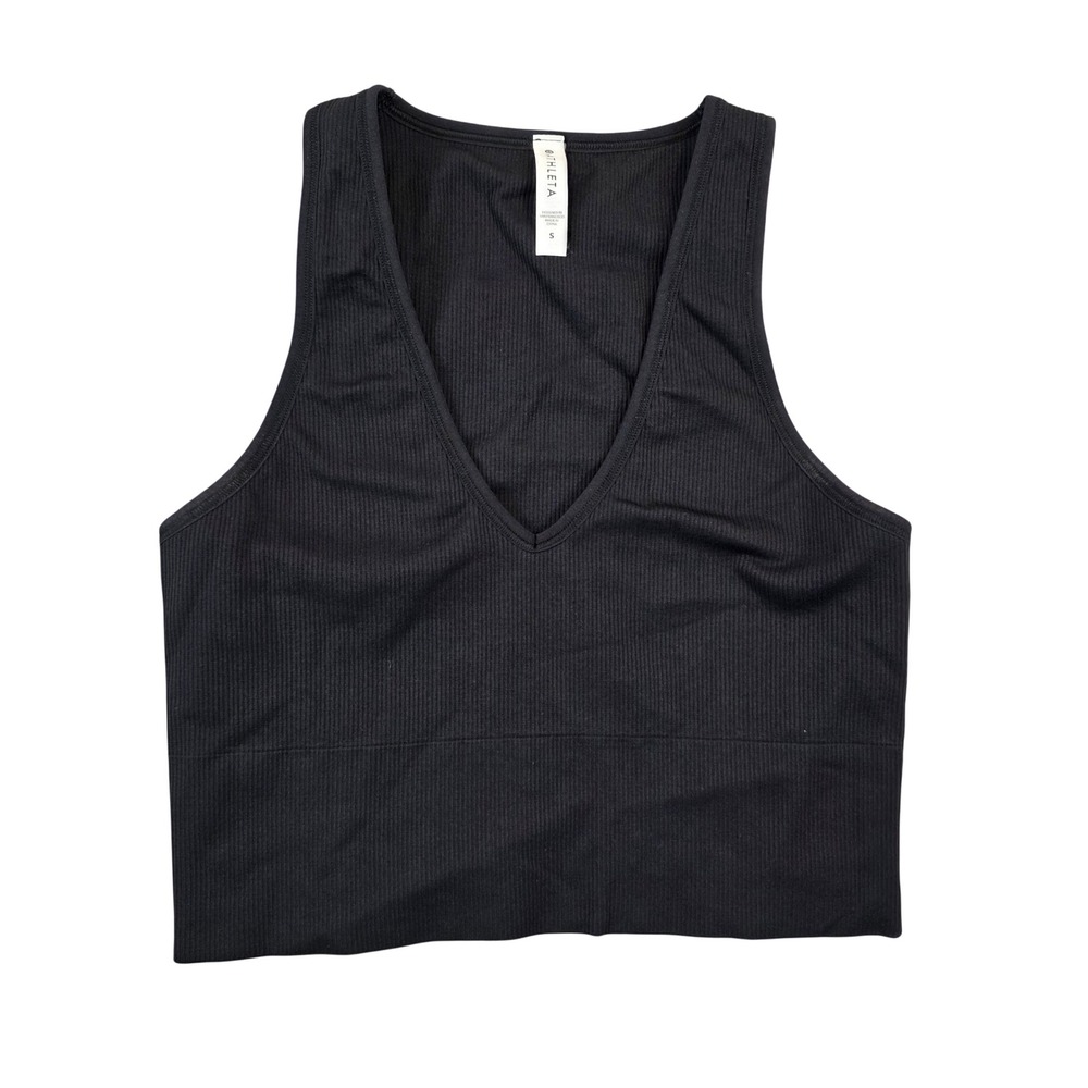 Athleta Aurora Seamless Crop Tank Black V-Neck Ribbed Activewear Top Small